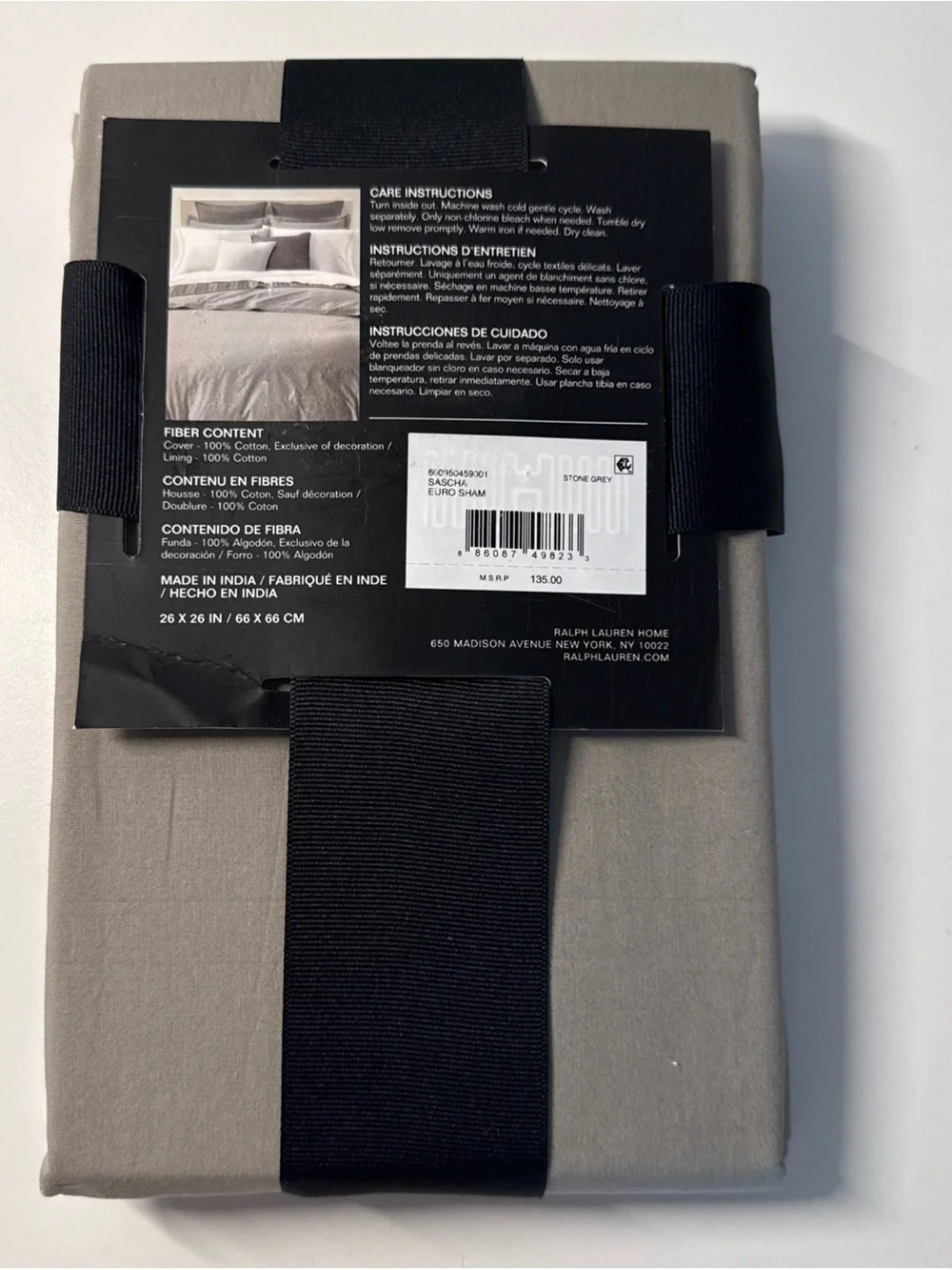 Lauren Ralph Lauren Sascha Stone Grey Euro Pillow Sham Cotton NEW $135